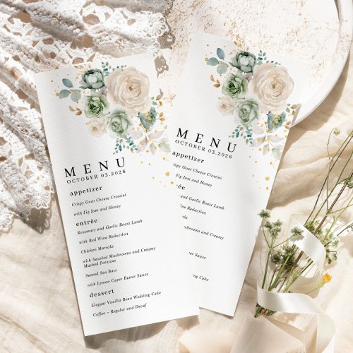 Sage Green  White Flowers Wedding Flat Menu