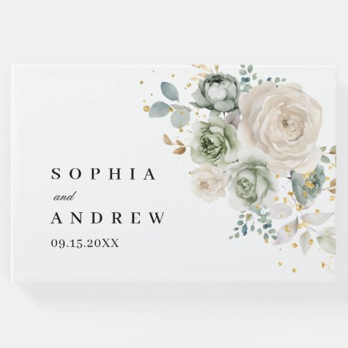 Sage Green  White Flowers Wedding Guest Book