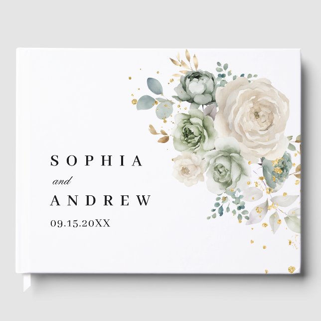 Sage Green & White Flowers Wedding Guest Book (Front)