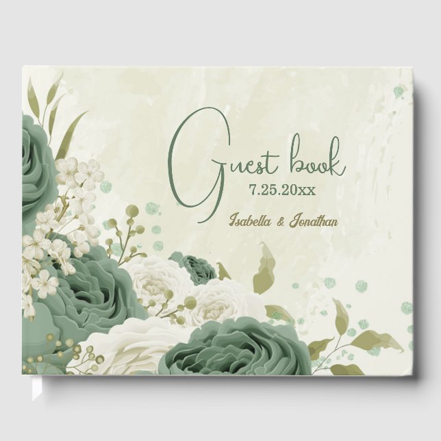 sage green white flowers wedding guest book (Front)