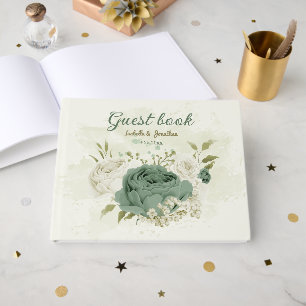 sage green white flowers wedding guest book
