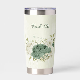 sage green white flowers wedding insulated tumbler