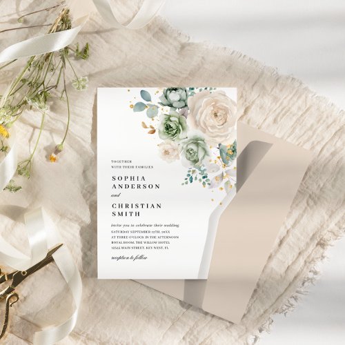 Sage Green  White Flowers Wedding Invitation