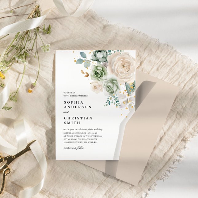 Sage Green & White Flowers Wedding Invitation (Creator Uploaded)