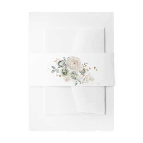 Sage Green  White Flowers Wedding Invitation Belly Band