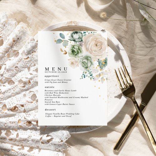 Sage Green  White Flowers Wedding Menu