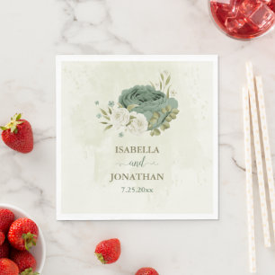 sage green white flowers wedding napkins