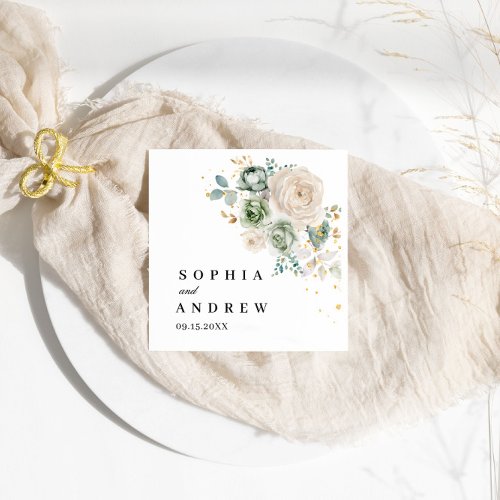 Sage Green  White Flowers Wedding Napkins