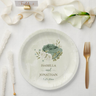 sage green white flowers wedding paper plates