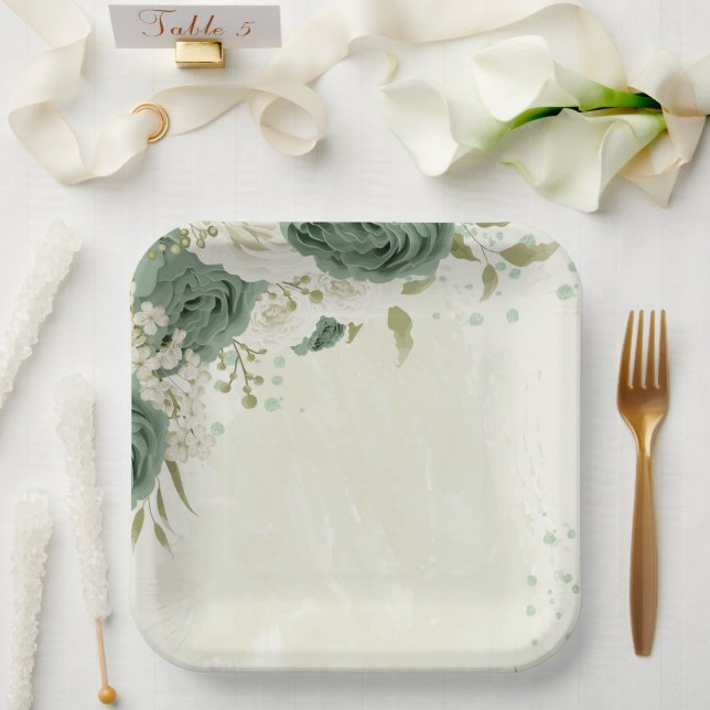 sage green white flowers wedding paper plates (Wedding)