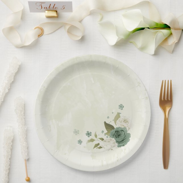 sage green white flowers wedding paper plates (Wedding)