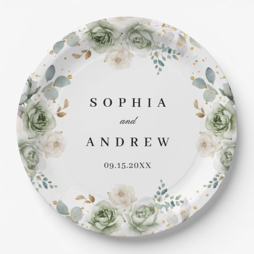 Sage Green  White Flowers Wedding Paper Plates