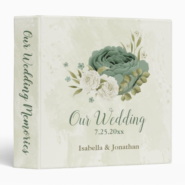 sage green white flowers wedding photo album 3 ring binder (Front/Spine)