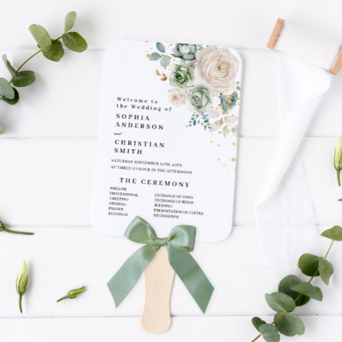 Sage Green  White Flowers Wedding Program Hand Fan