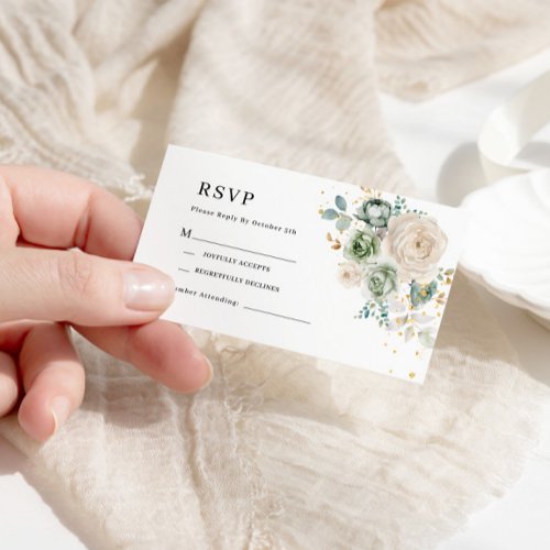 Sage Green  White Flowers Wedding RSVP Enclosure Card