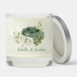 sage green white flowers wedding scented candle