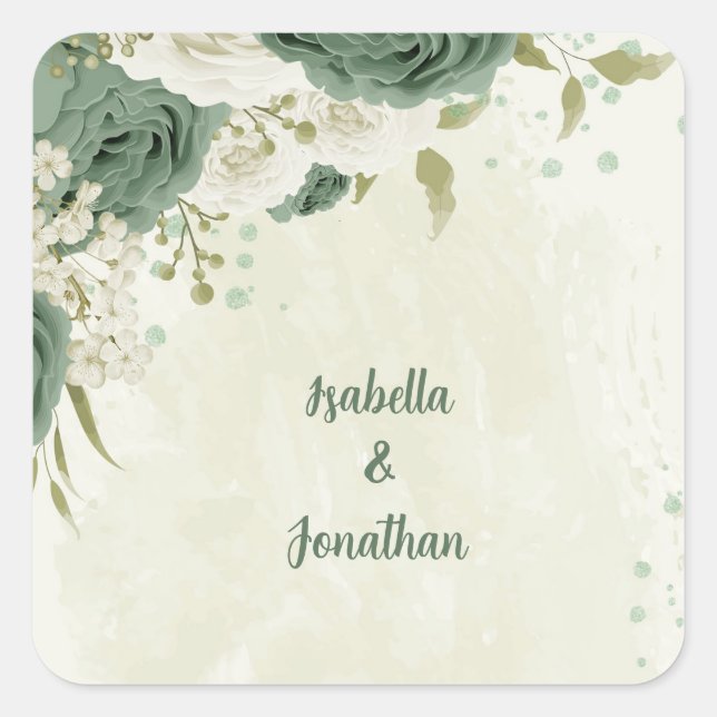 sage green white flowers wedding square sticker (Front)