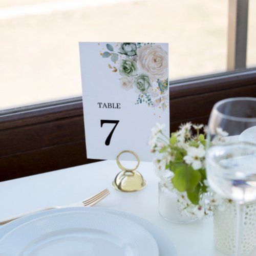 Sage Green  White Flowers Wedding Table Numbers 7