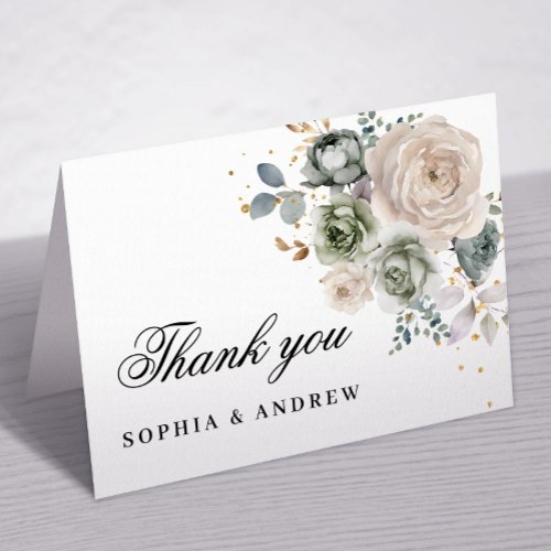Sage Green  White Flowers Wedding Thank You Card