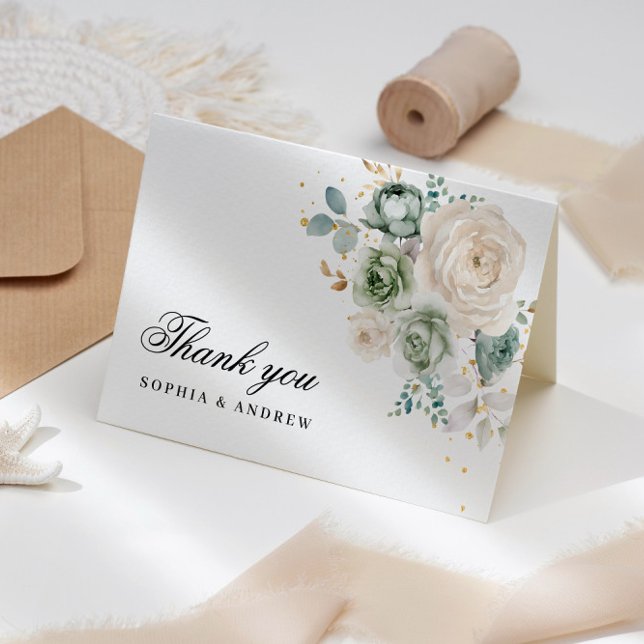 Sage Green & White Flowers Wedding Thank You Card (Creator Uploaded)