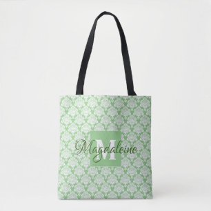 Sage Green & White Frilly Damask Monogrammed Tote Bag