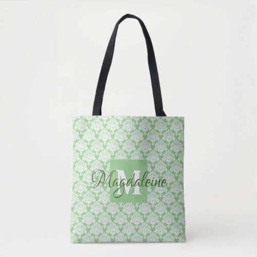 Sage Green  White Frilly Damask Monogrammed Tote Bag