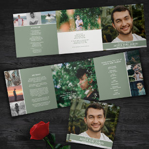 Sage green white Funeral service custom photos Tri-Fold Program