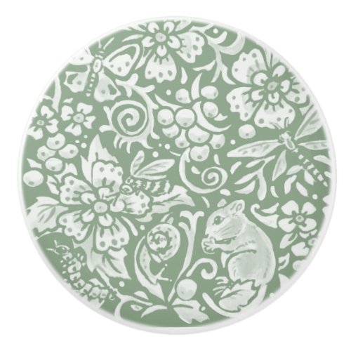 Sage Green White Garden Animals Floral Pattern   C Ceramic Knob