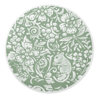 Sage Green White Garden Animals Floral Pattern C Ceramic Knob