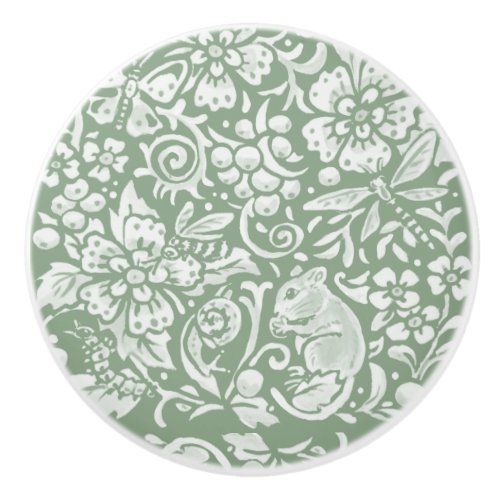 Sage Green White Garden Animals Floral Pattern   C Ceramic Knob