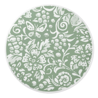 Sage Green White Garden Animals Floral Pattern Ceramic Knob