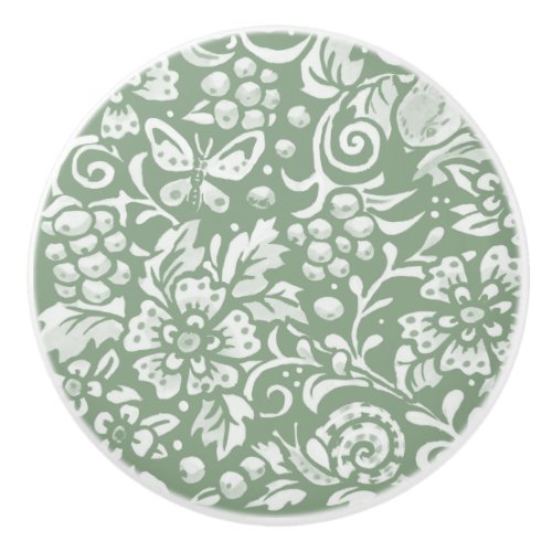 Sage Green White Garden Animals Floral Pattern   Ceramic Knob