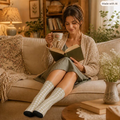 Sage Green &amp; White Gingham Check Pattern Socks