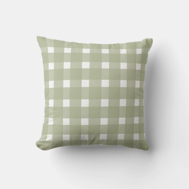 Sage Green White Gingham Pattern  Throw Pillow (Front)