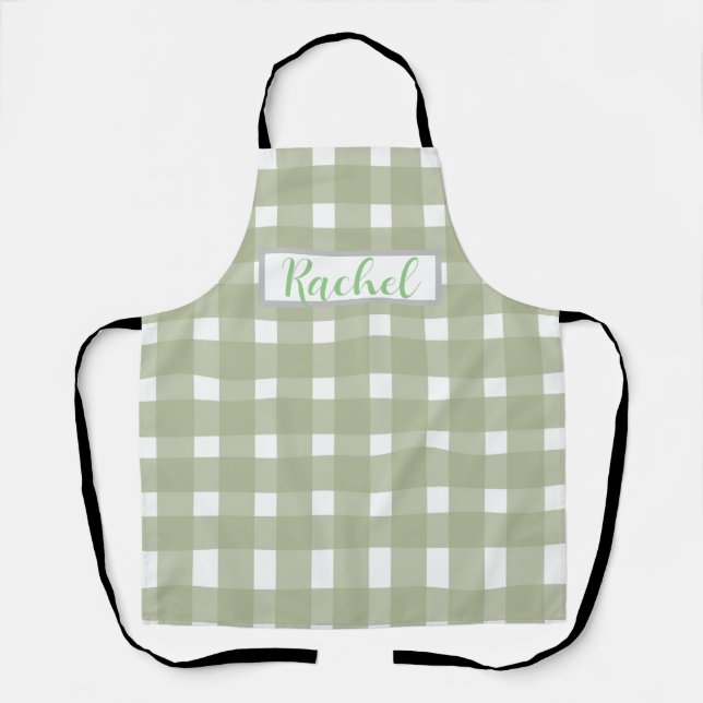 Sage Green White Gingham Personalized  Apron (Front)
