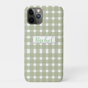 Sage Green White Gingham Personalized iPhone 11 Pro Case