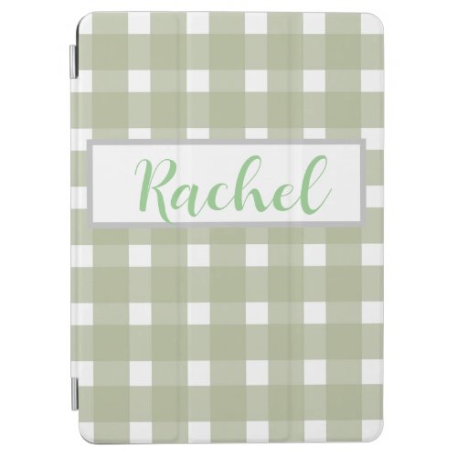 Sage Green White Gingham Personalized iPad Air Cover