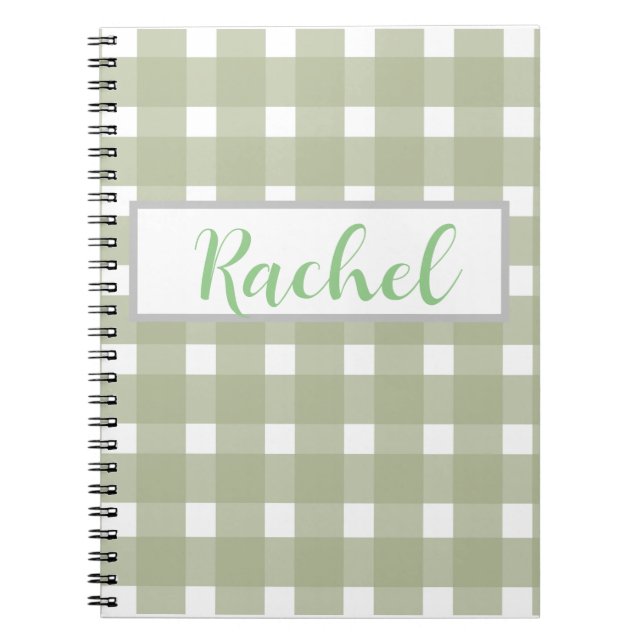 Sage Green White Gingham Personalized  Notebook (Front)