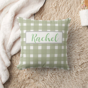 Sage Green White Gingham Personalized Throw Pillow