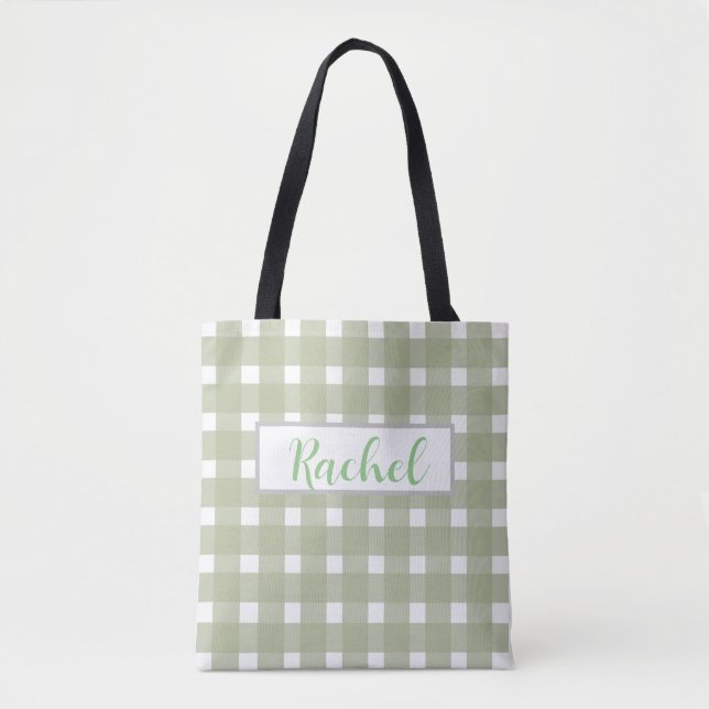 Sage Green White Gingham Personalized Tote Bag (Front)