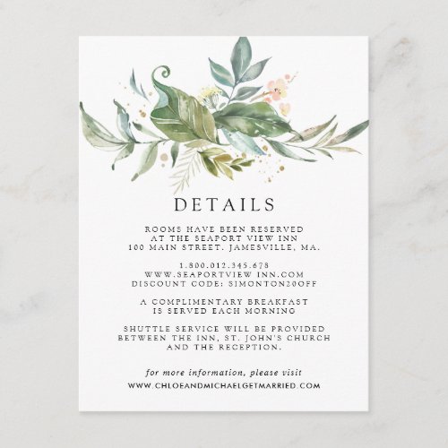 Sage Green White Gold Botanical Guest Details Enclosure Card