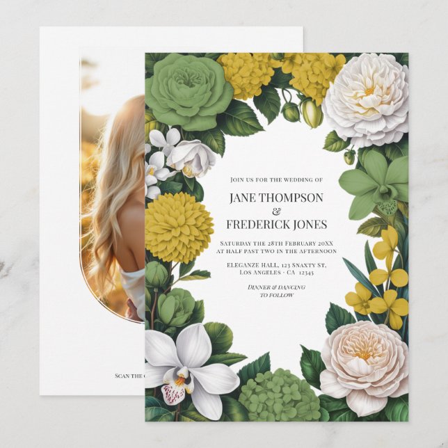Sage Green, White & Gold Floral Wedding Invitation (Front/Back)