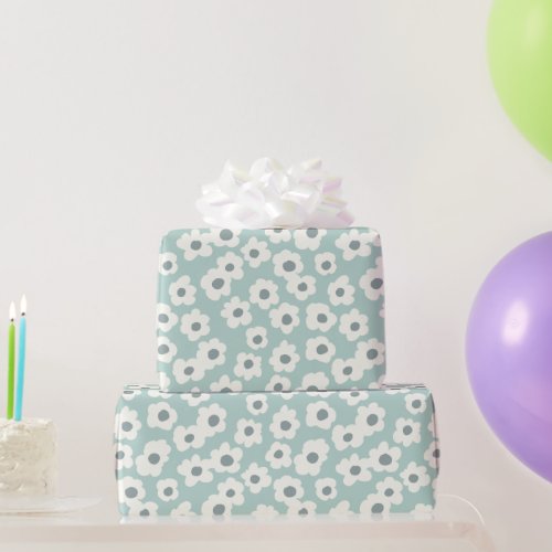 Sage Green White Gray Floral Boho Trendy Wrapping Paper