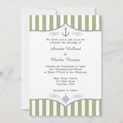 Sage Green White Gray Nautical Wedding Invitation