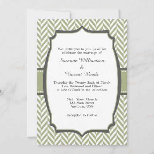 Sage Green White Herringbone Wedding Invitation