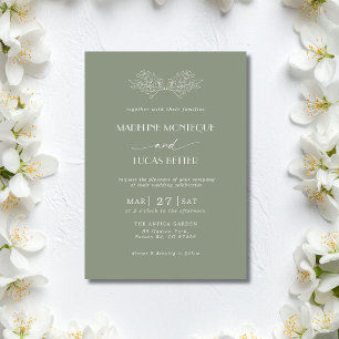 Sage Green White Holly Tree Leaves Clean Wedding Invitation
