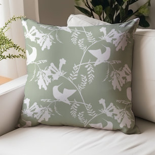 Sage Green White Hummingbird Pattern Throw Pillow