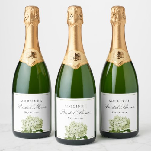 Sage Green White Hydrangea Elegant Bridal Shower Sparkling Wine Label
