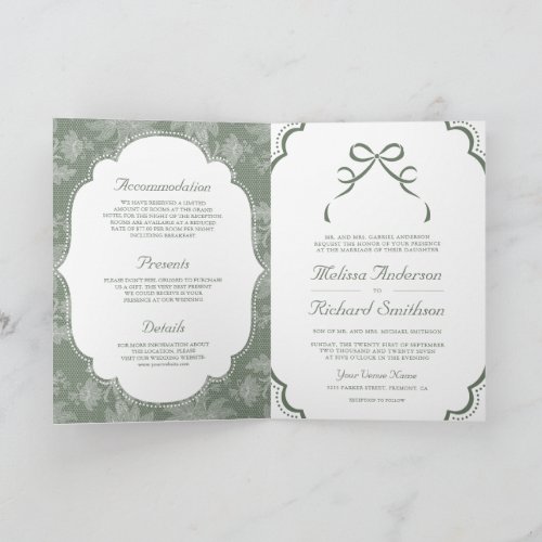 Sage Green White Lace Coquette Bow QR Code Wedding Invitation