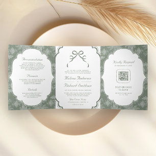 Sage Green White Lace Coquette Bow QR Code Wedding Tri-Fold Invitation